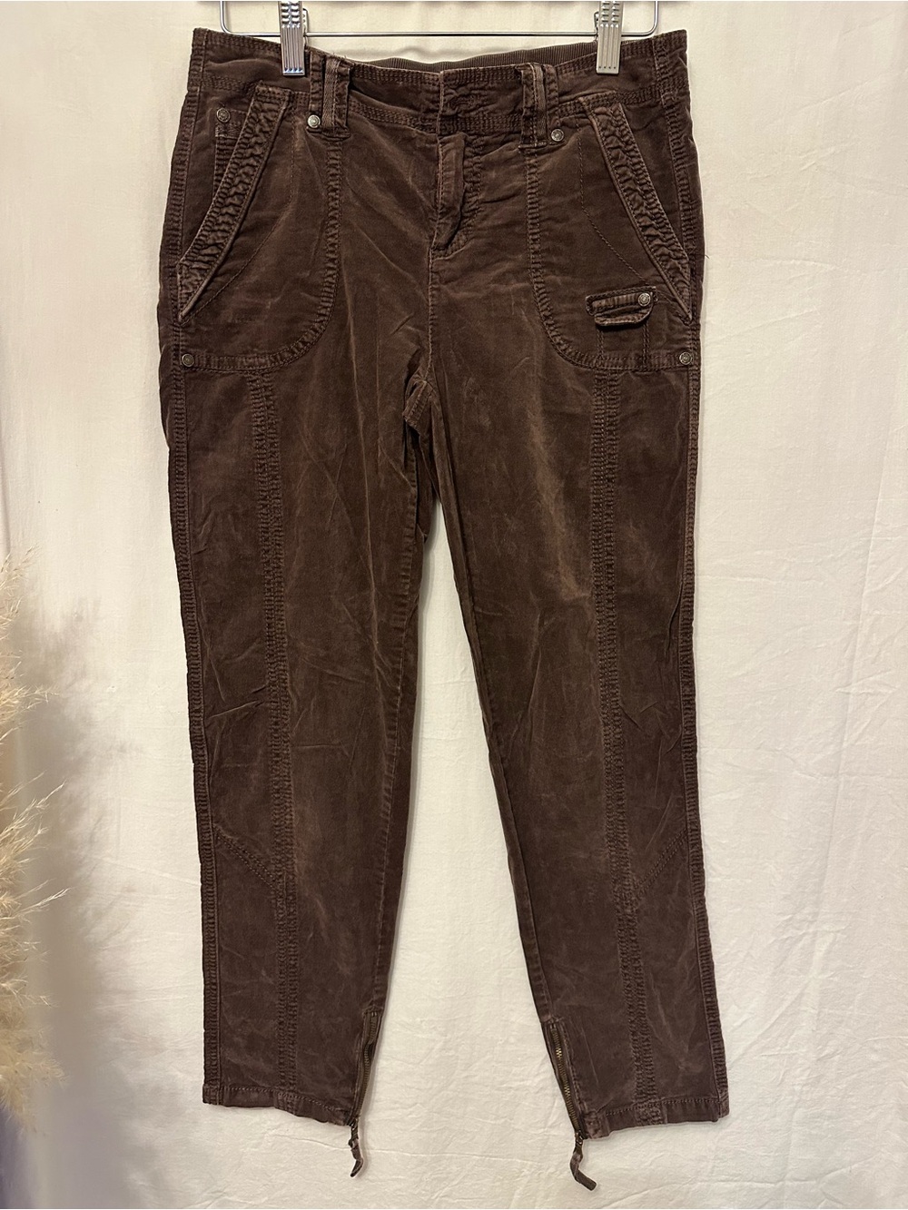 Marrakech Brown Velvet Cargo Utility Pants Ankle Zip Size 26 Boho